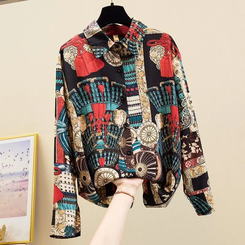 Retro Fashion Print Office Lady Lapel Button Up Shirt Spring Autumn Women Long Sleeve Loose All Match Top Blouse Blusas Clothes