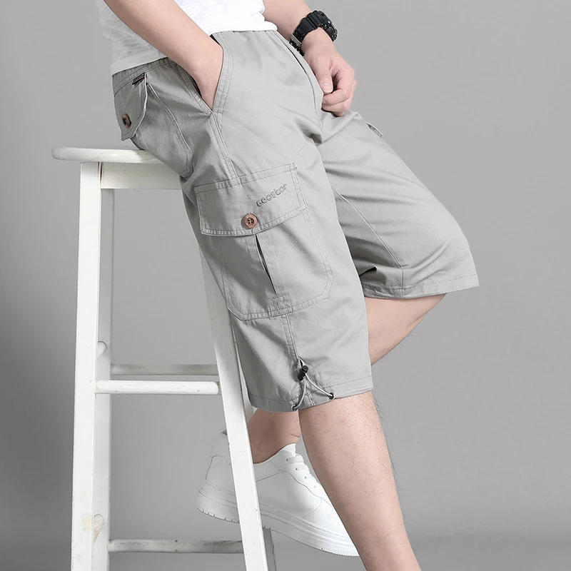 Men\'s Clothing Solid Color Elastic High Waisted Button Straight Cargo Pockets Casual Summer Sweatpants Knee Vintage Shorts