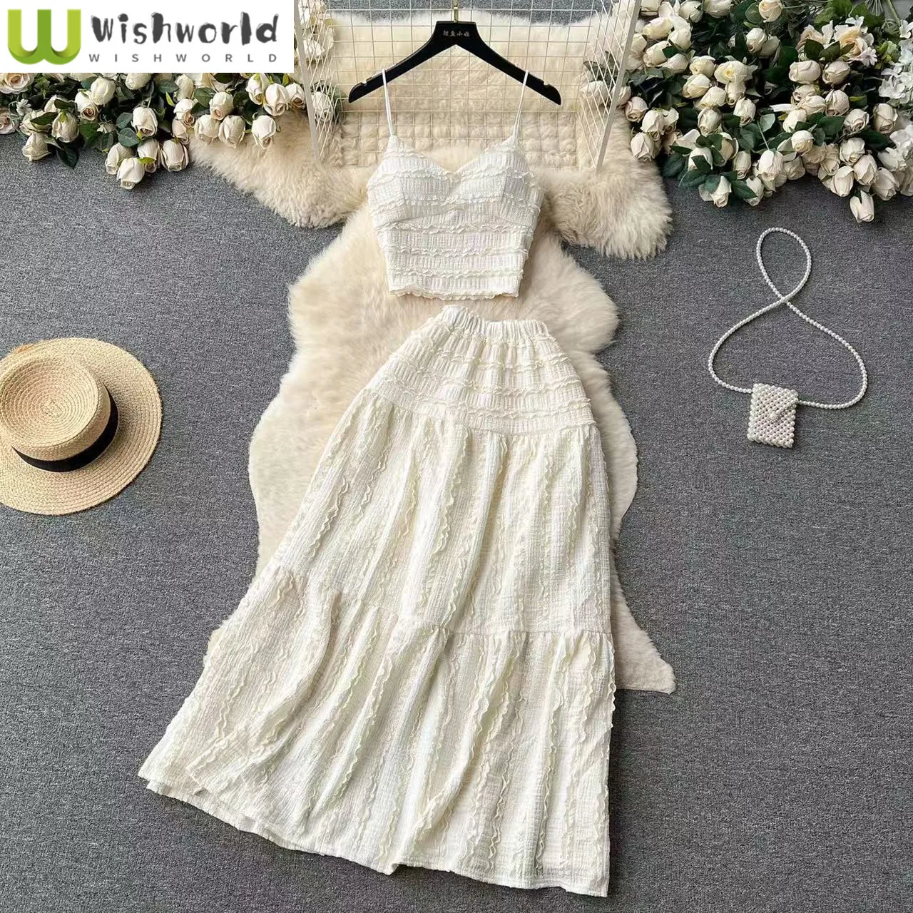 Simple Camisole Backless and Shoulder Less Fresh Top+A-line Skirt Princess Skirt Long Skirt Elegant Women's Two-piece Set