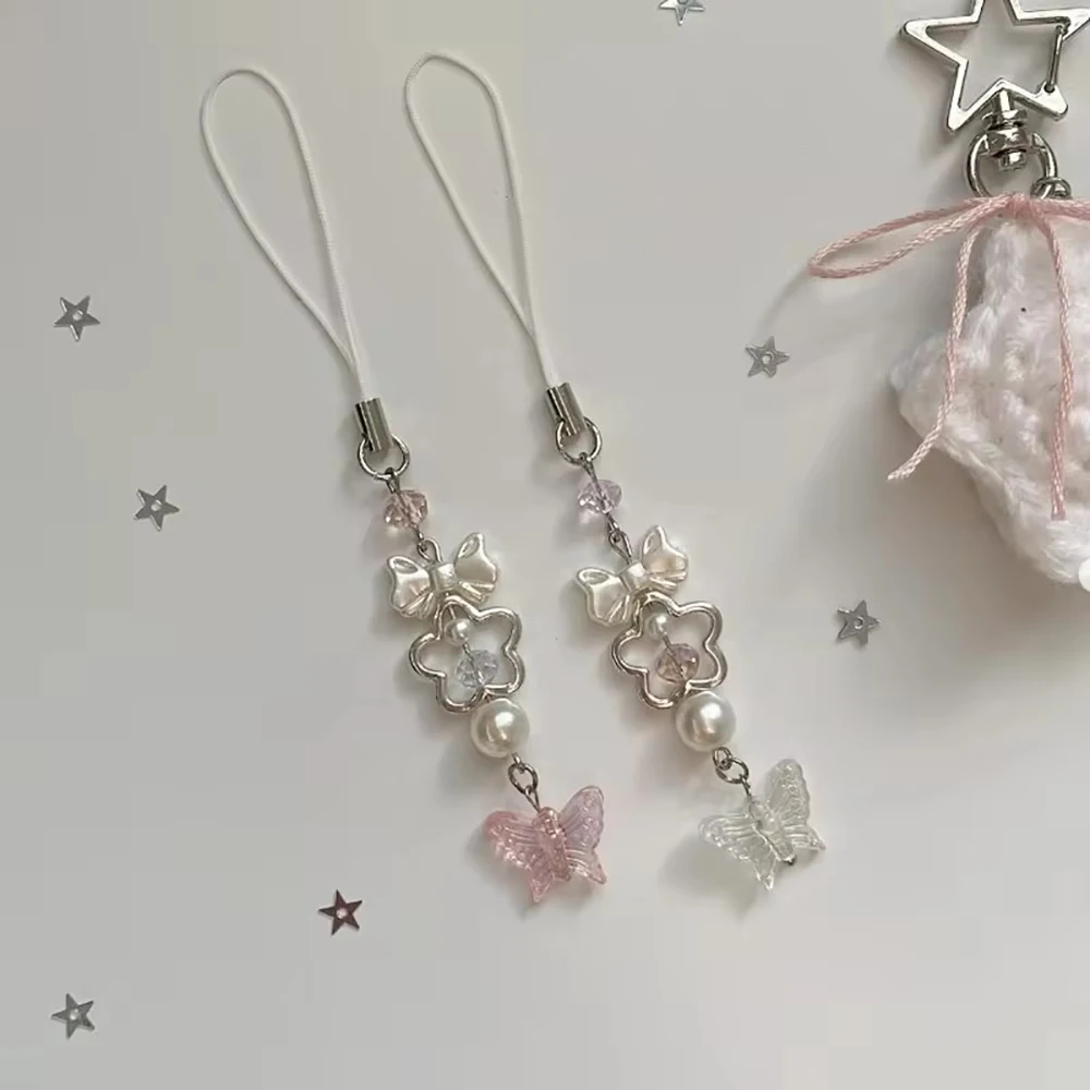 Handmade Butterfly Matching Phone Charm Strap Pink White Pearl Star Bow Beads Keychain Lanyard Y2K Anti-Loss Pendant Girls Gifts