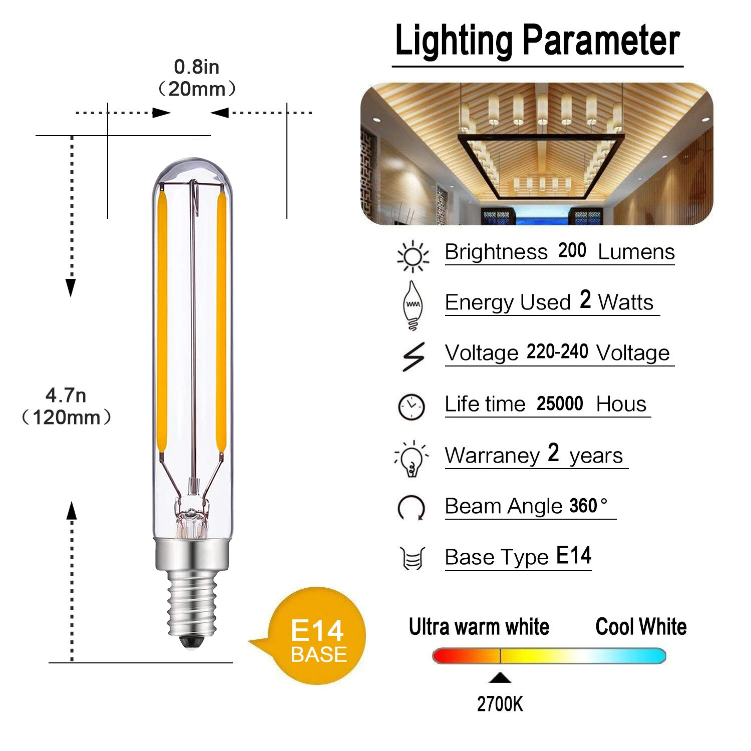 Vintage T20 Long LED Tubular Filament Edison Bulb 2700K Warm white 2W E14 Base 110V 220V Chandelier Retro Dimmable Led Light