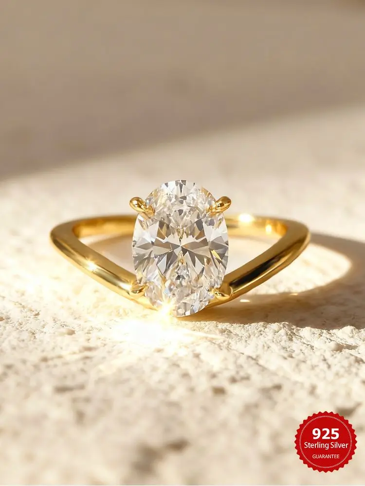 925 Sterling Silver Minimalism V-Shape Oval Zircon Ring For Women Anniversary Engagement Wedding High Quality Fine Jewelry
