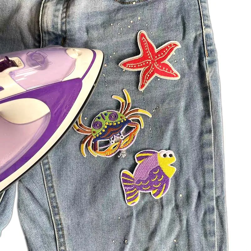 5PC,13PC Underwater World Animals,Cartoon Starfish,Shark,Seahorse Fabric Applique Embroidery Iron On Patches,DIY Sewing Supplies