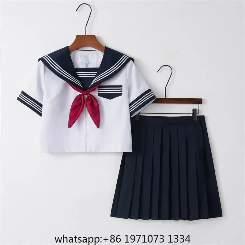 Summer Short Sleeve Sailor Suit Uniform School Style Cyan Collar Set Japanese Improved White Three Pieces Basic Model Cosplay Cl