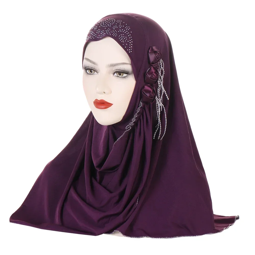 Tassel Diamonds Flower Instant Scarf Women Muslim Hijab One Piece Amira Islamic Pray Hat Pull On Ready Made To Wear Headwrap Cap