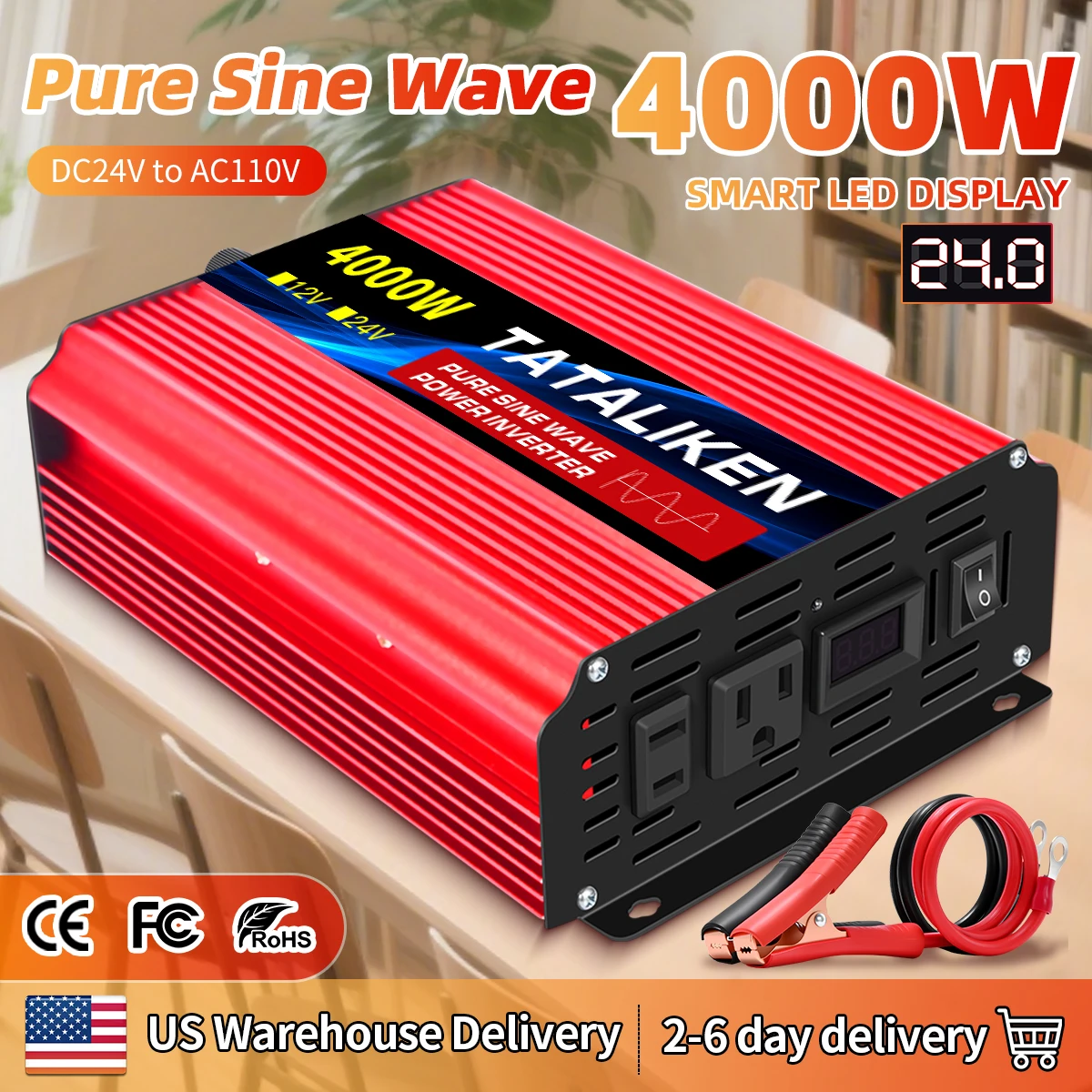 US Socket 24V To AC 110V 60HZ Pure Sine Wave Inverter Car Power 1000W/4000W/7000W/8000W Voltage Portable Converter with LED