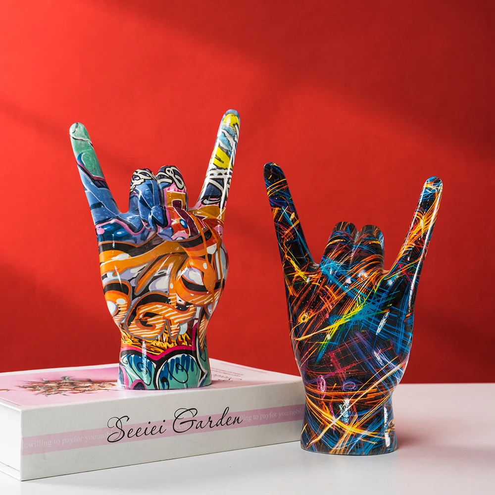 

Graffiti Rock On Hand Statue Model Gesture Figurines 20cm Music Band Room Bookshelves Desktop Living Room Decor Modern Art Pop
