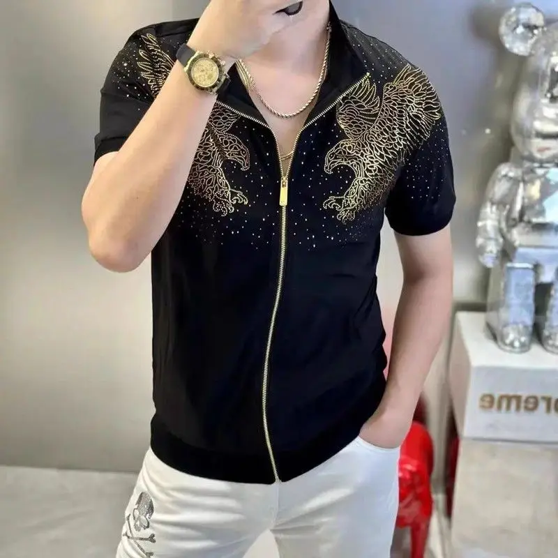 2024 Summer New Men\'s Cardigan Turn-down Collar Zipper Diamonds Fashion Trendy Slim All-match Short Sleeve Casual T-shirt Tops