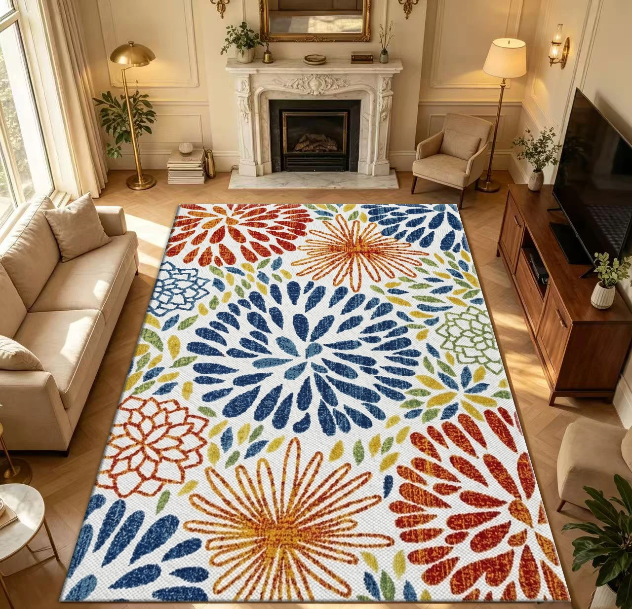 Bohemian Style Colorful Floral Outdoor Rug with Multicolor Dahlia Pattern, Non-Slip, Washable Indoor Patio Mat