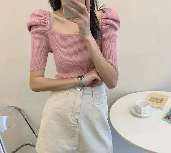 Puffy Sleeve Square Neck Knit Shirt for Women Teengirl Fitted Rib-Knit Pullover T-shirt Top Spring Summer Basic Outfit