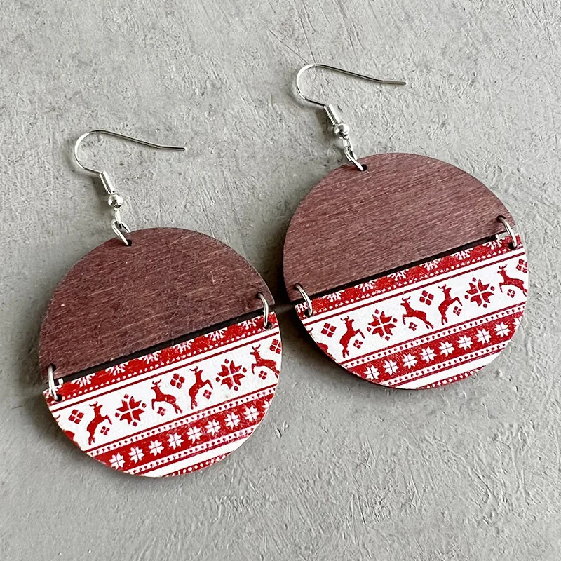 Christmas Striped Patchwork Wooden Earrings Christmas Tree Snowflake Red and Black Checked Print Wood Nordic Grid Round Earrings