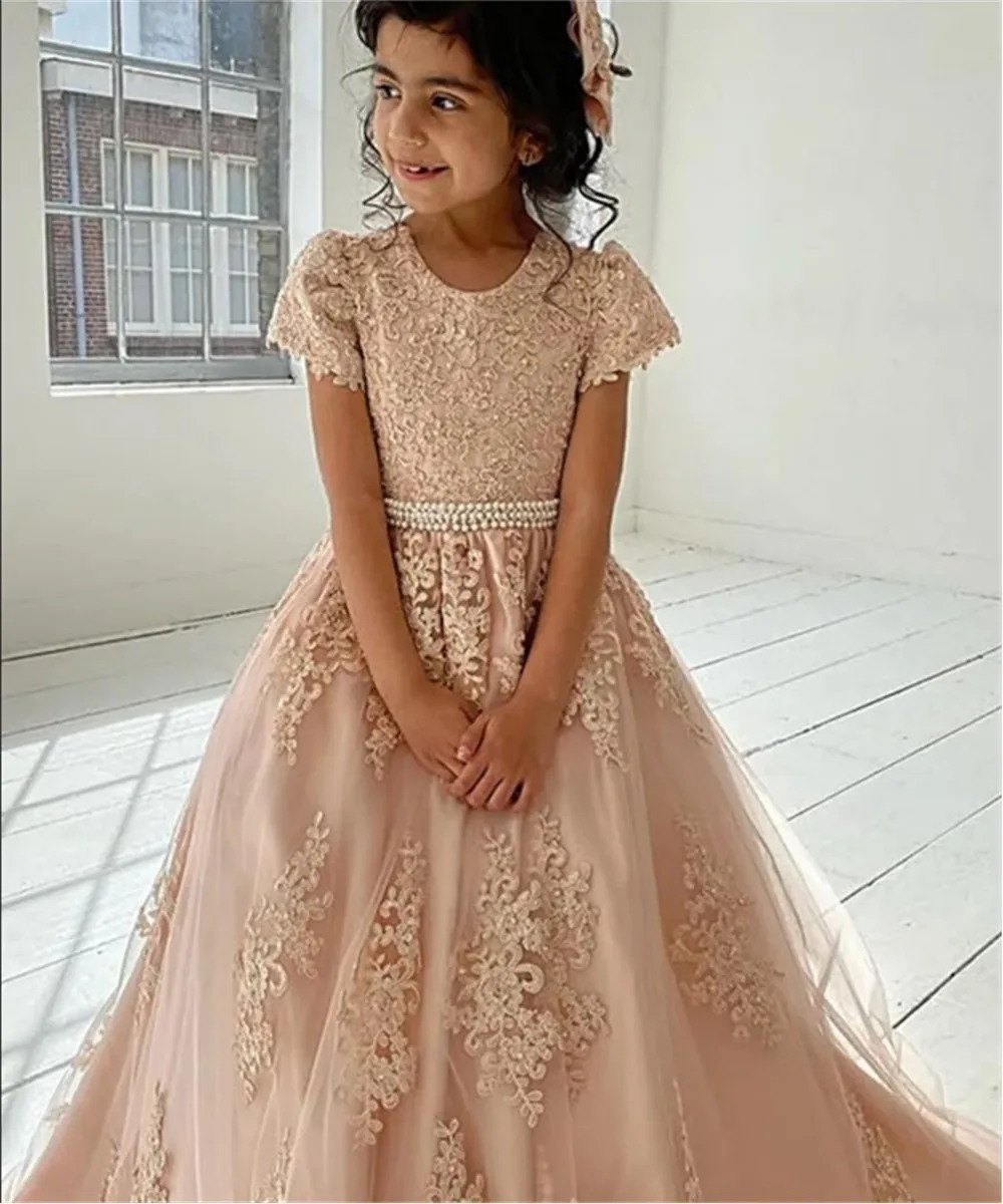 

Princess Flower Girl Dresses for Wedding With Bow Beaded Appliques Pageant Dress with Long Train Birthday Party Gowns