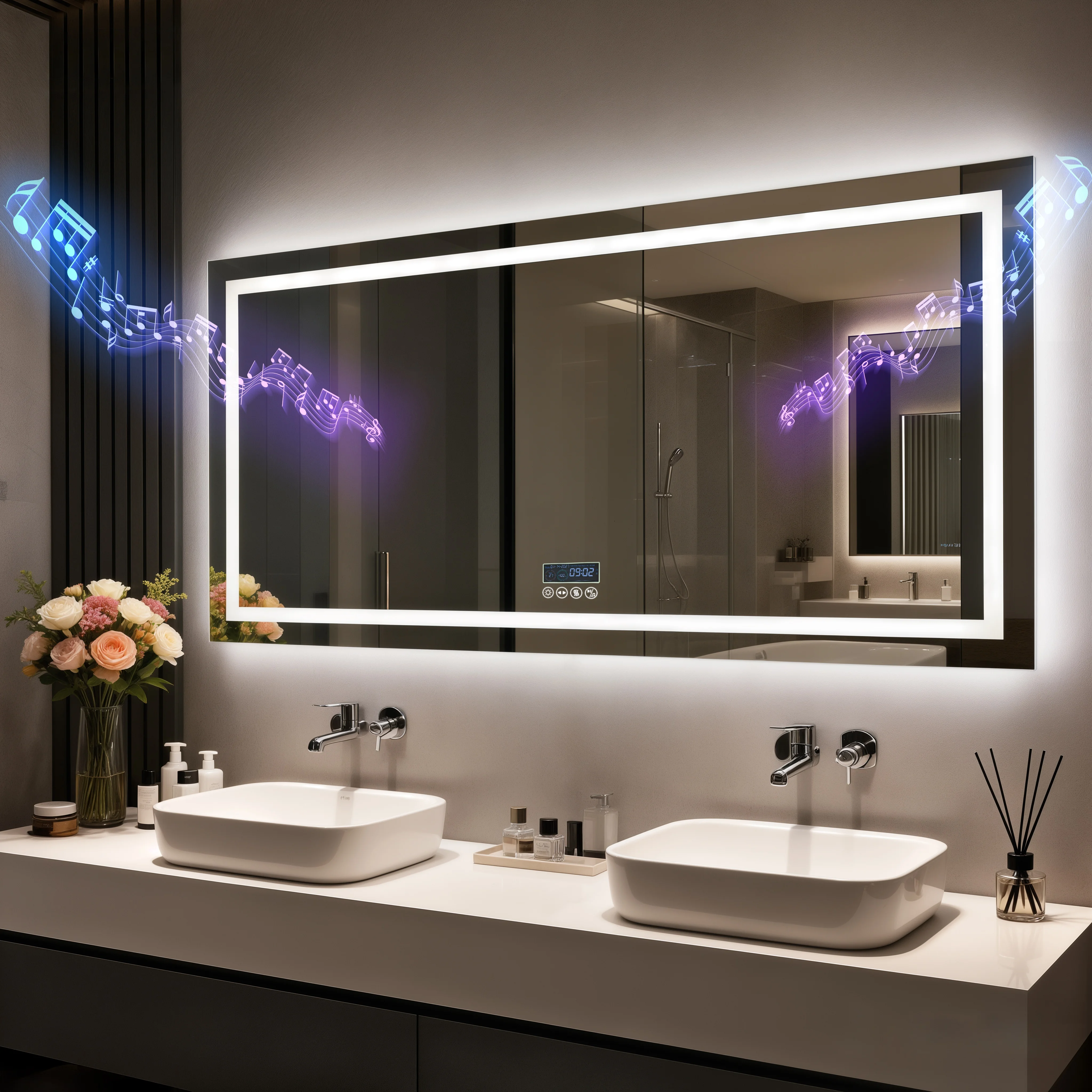 80/100/120/140cm LED Bathroom Mirror with Bluetooth Speaker Antifog Dimmable 3 Lights Time Setting Backlitligth Vanity Wall Mirr