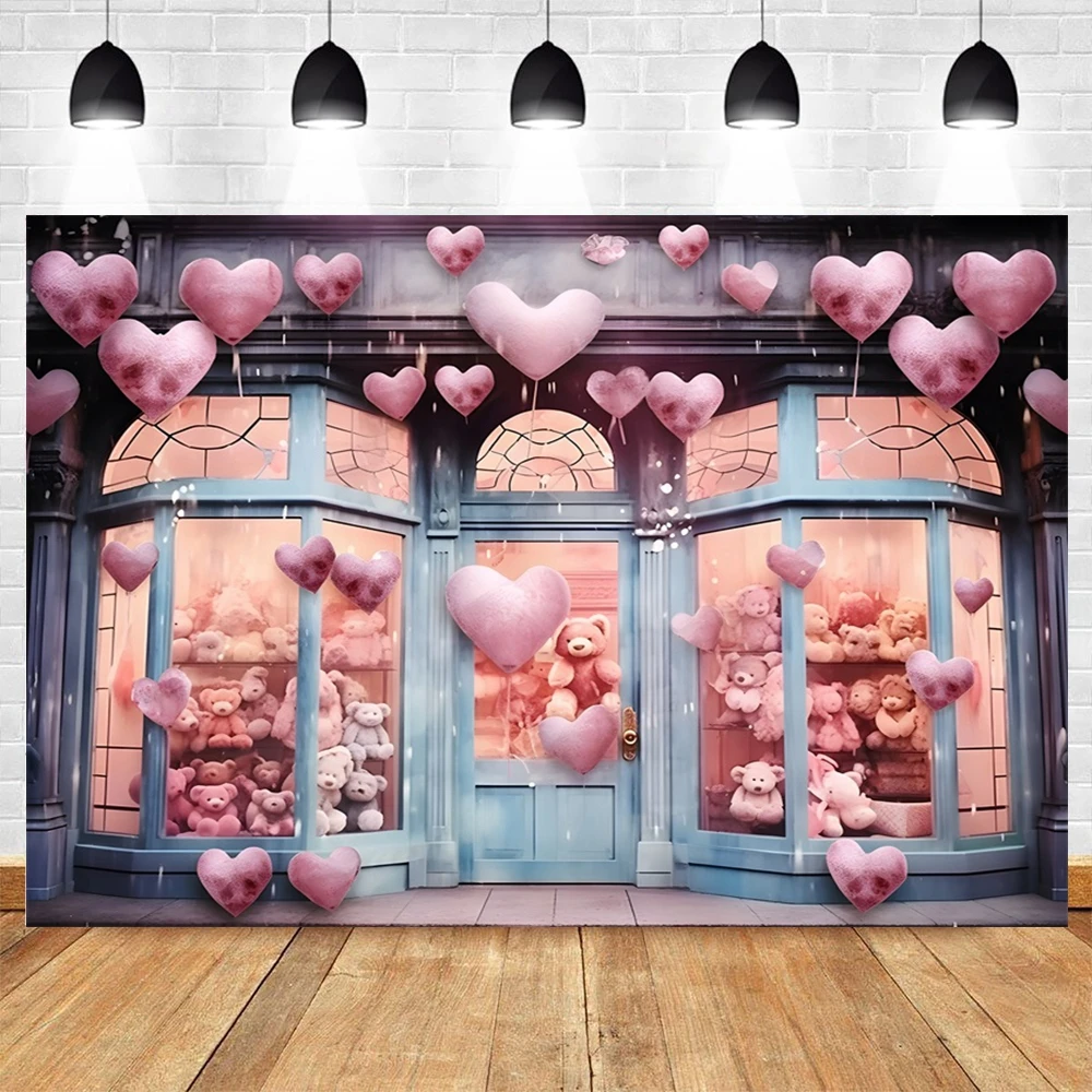 Valentine's Day Love Store Backdrop Teddy Bear Love Heart Balloons Wedding Party Decorations Artistic Portrait Photo Background