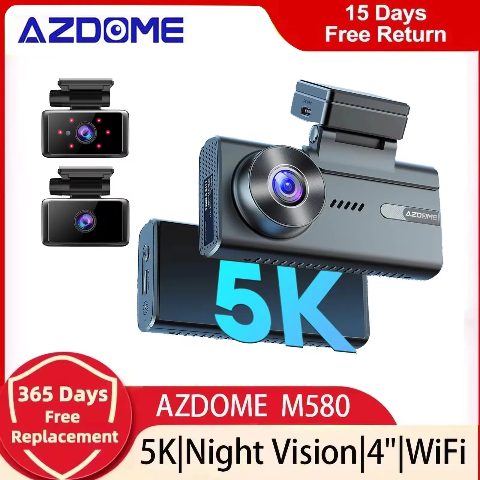 AZDOME M580 Car DVR 5k Dash Cam 3 Cameras 5GHz WiFi Built-in GPS 4