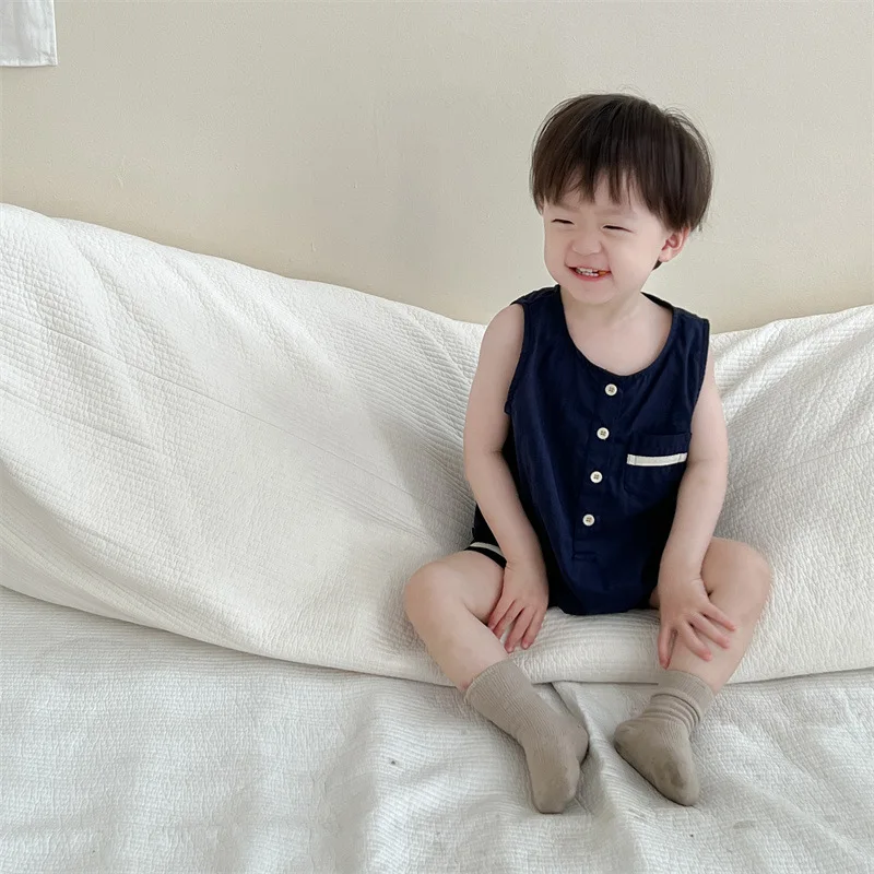 

2024 Summer New Baby Sleeveless Romper Thin Breathable Infant Boy Solid Casual Jumpsuit Newborn Toddler Cotton Clothes 0-24M