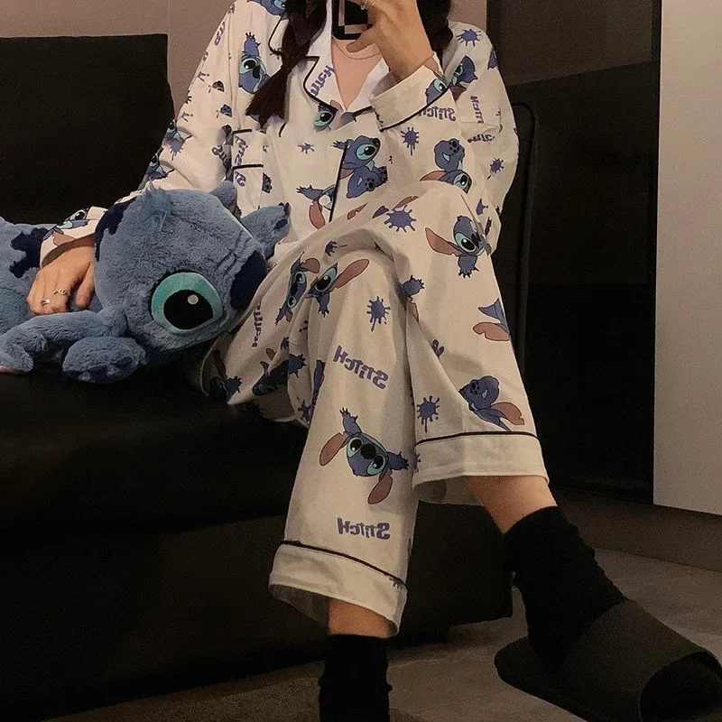 Disney Lilo & Stitch Cartoon Pajamas Set Spring Autumn 2 Pieces Homewear Warm Clothes Student Fashion Casual Clothes