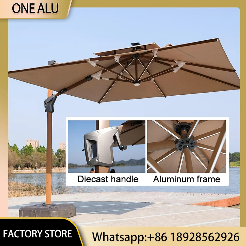 

Square Offset Cantilever Patio Umbrella LED Lights Aluminum Waterproof Windproof Outdoor Parasol Umbrella with Base