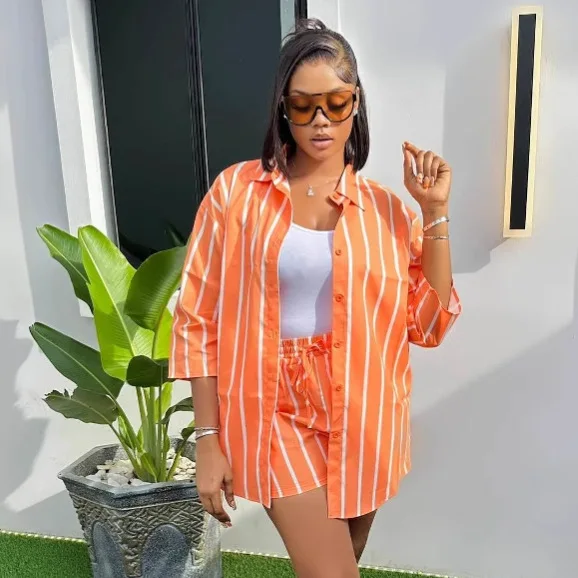 

Striped Short Sets Women Shirts Drawstring Shorts Suit Turn Down Collar Full Sleeve Shirt Single Breasted Casual Summer