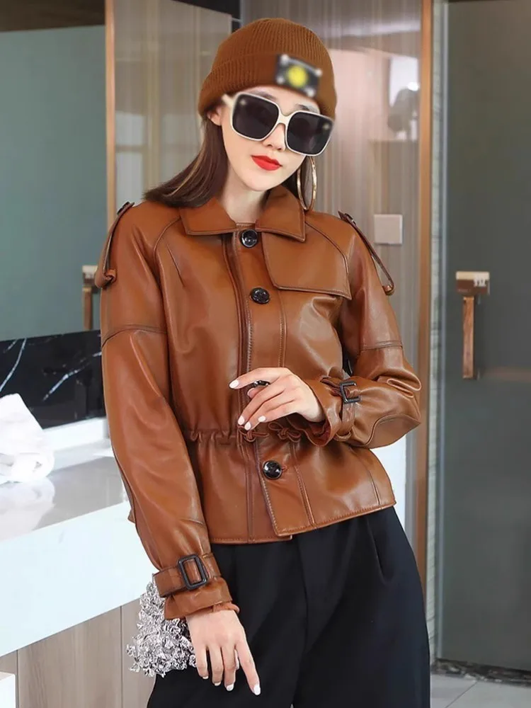 Office Ladies Sheepskin Genuine Leather Jacket Women Slim Fit Autumn Single Breasted Leather Coat Lapel Colllar Biker Outerwear