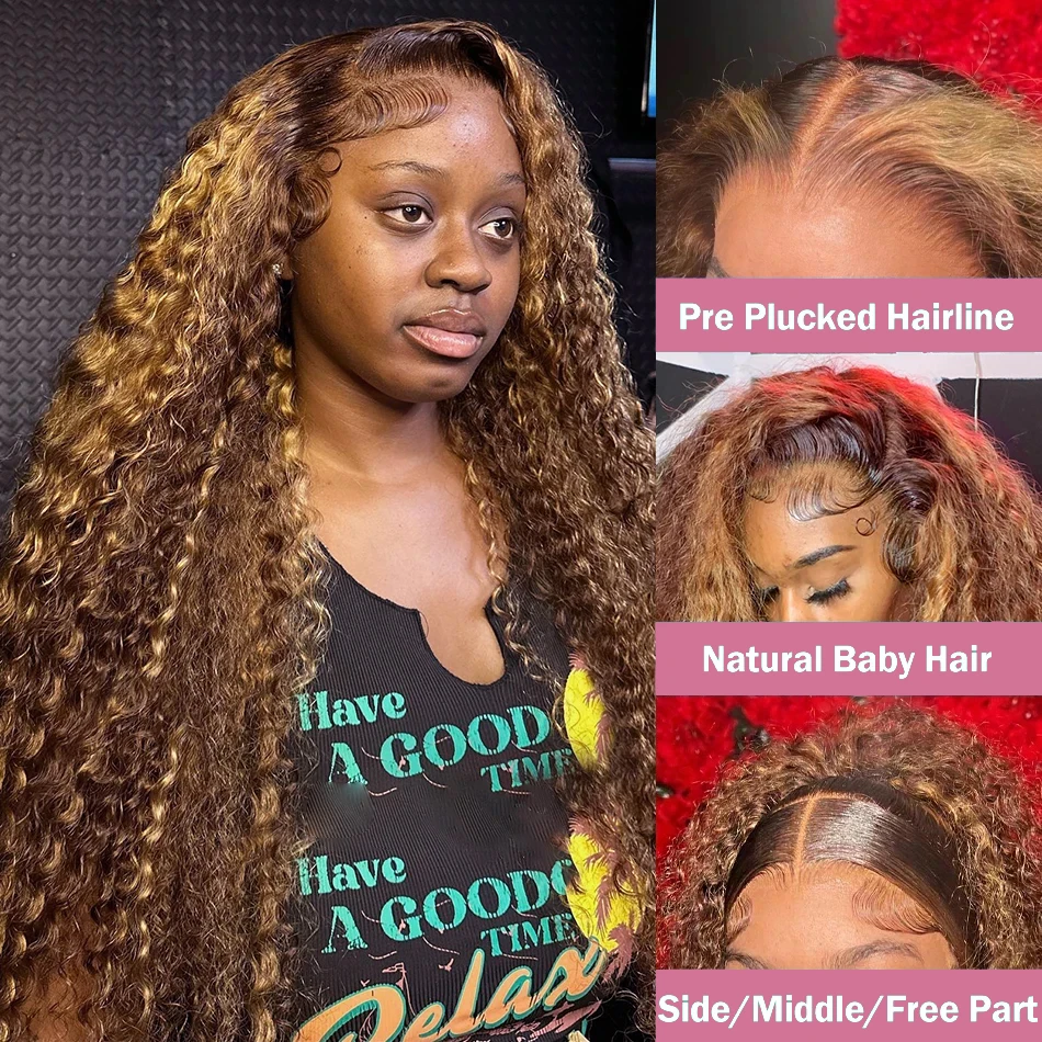Highlight Deep Wave 13x6 HD Lace Frontal Wig Human Hair 40 42 Inch Honey Blond Curly 13x4 Lace Front Wigs For Women Pre Plucked