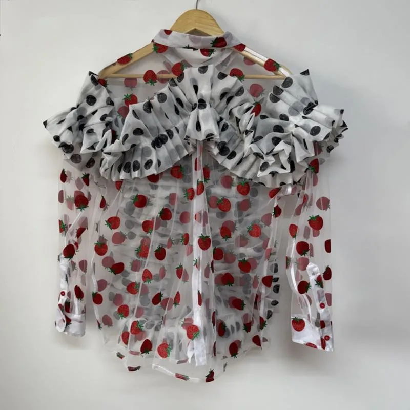 WVGA ربيع وصيف جديد رجل المد شارع العليا بقماش شفاف البولكا نقطة تكدرت تصميم قمصان طويلة الأكمام فضفاضة شيك قميص غير رسمي W8591