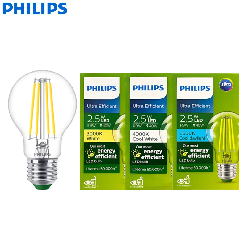 Philips Ultra Efficient LED Filament Bulb Clear A60 E27 Edison Screw 2.5W Lamp Classic Glass LED White Color Energy Saving