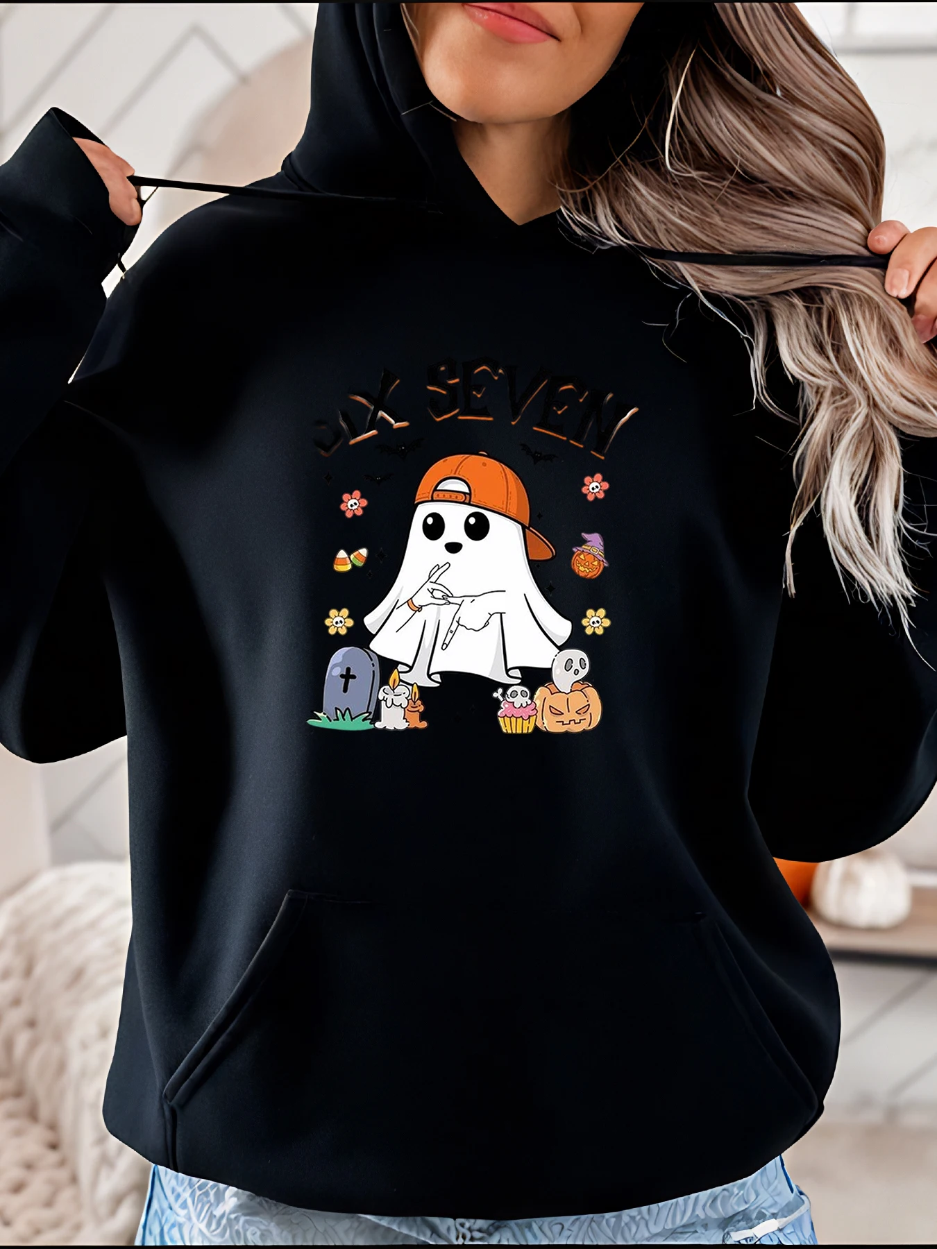 

Halloween Hoodie Ghost Pumpkin Candy Print Cotton Pullover Sweatshirt Women Casual Autumn Winter Outwear