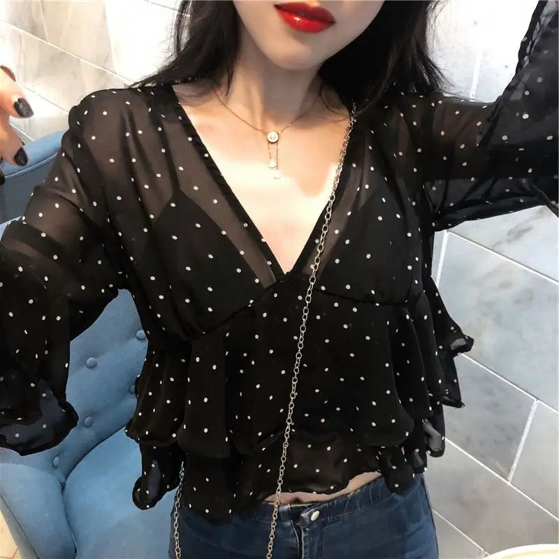 Summer New Sweet Long Sleeve Ruffles Blouse Women\'s Clothing Loose Stylish Folds Korean All-match Polka Dot Chiffon Shirt