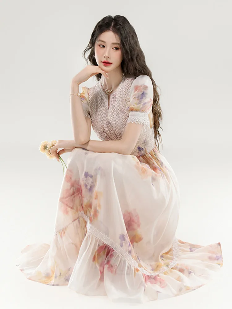 고품질 프랑스 휴가 비치 V넥 퍼프 소매 플로럴 여름 드레스 여성 2025 신상 패션 스윗 페어리 파티 롱 드레스