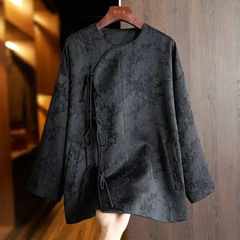 

Fashionable Chinese Style Jacquard Shirt Jacket Women's Top Round Neck Long Sleeve Lace-Up Buckle Vintage Loose Blouse Coat