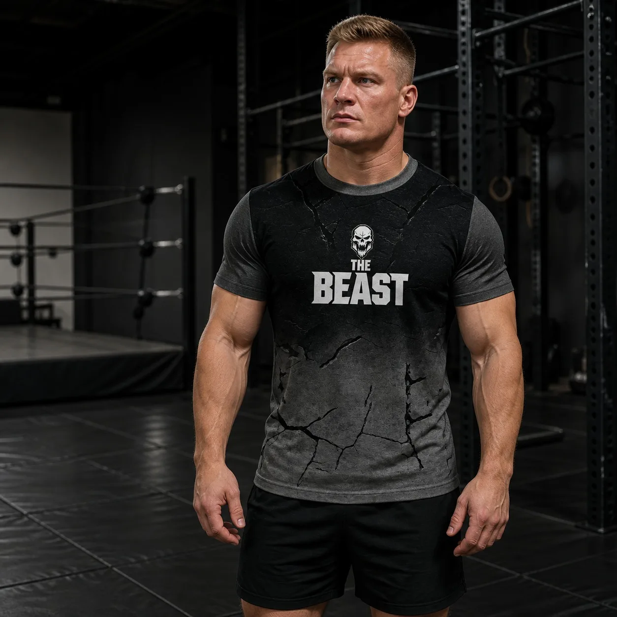 Men's Lesnar The Beast Wrestling T-shirt With Cracked Rock Gradient Skull Print Round Neck Short Sleeved T-shirt
