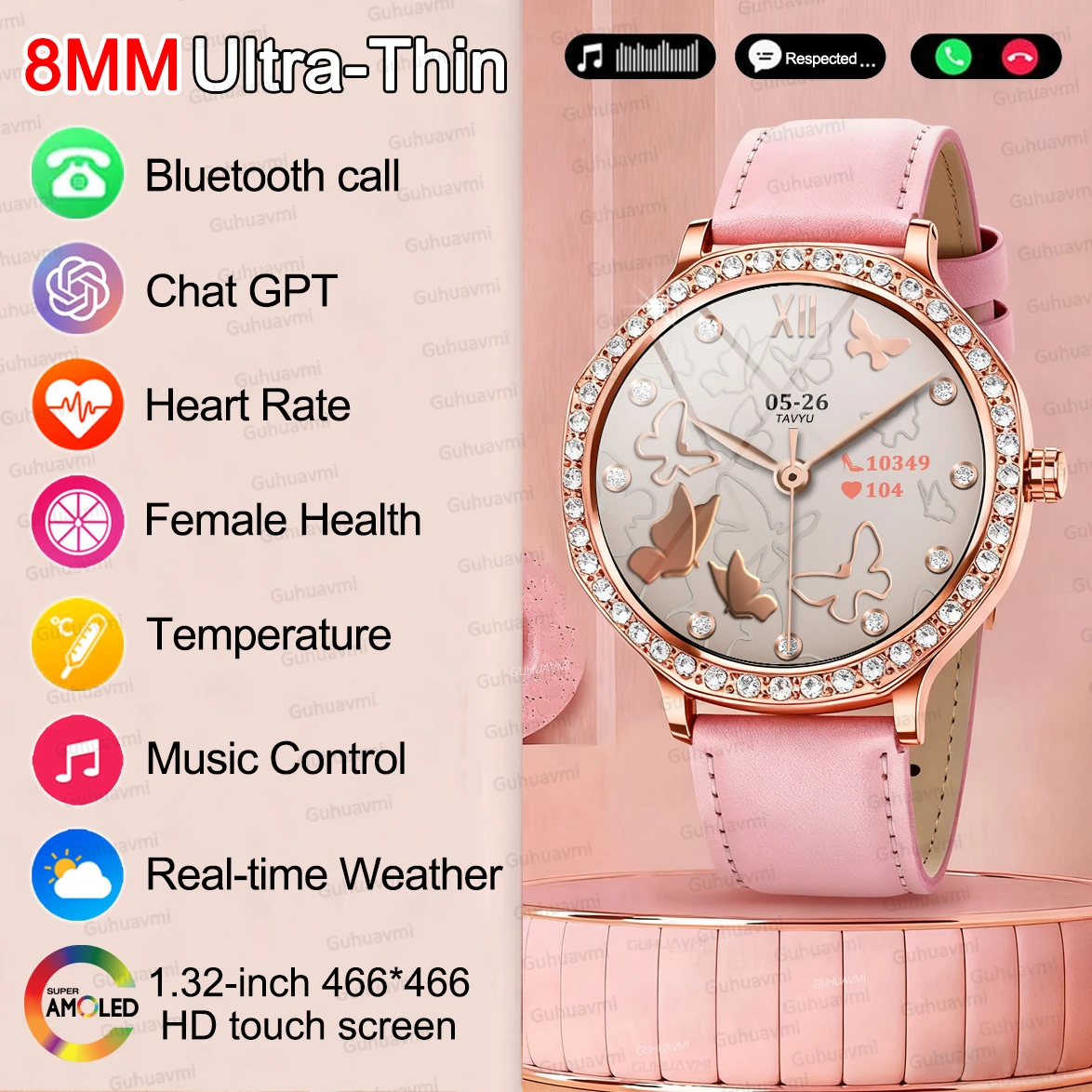 

2026 New Ultra Thin Smart Watch Women 466*466 AMOLED Always On Display Sport Track Heart Rate Waterproof Call Smartwatch Ladies