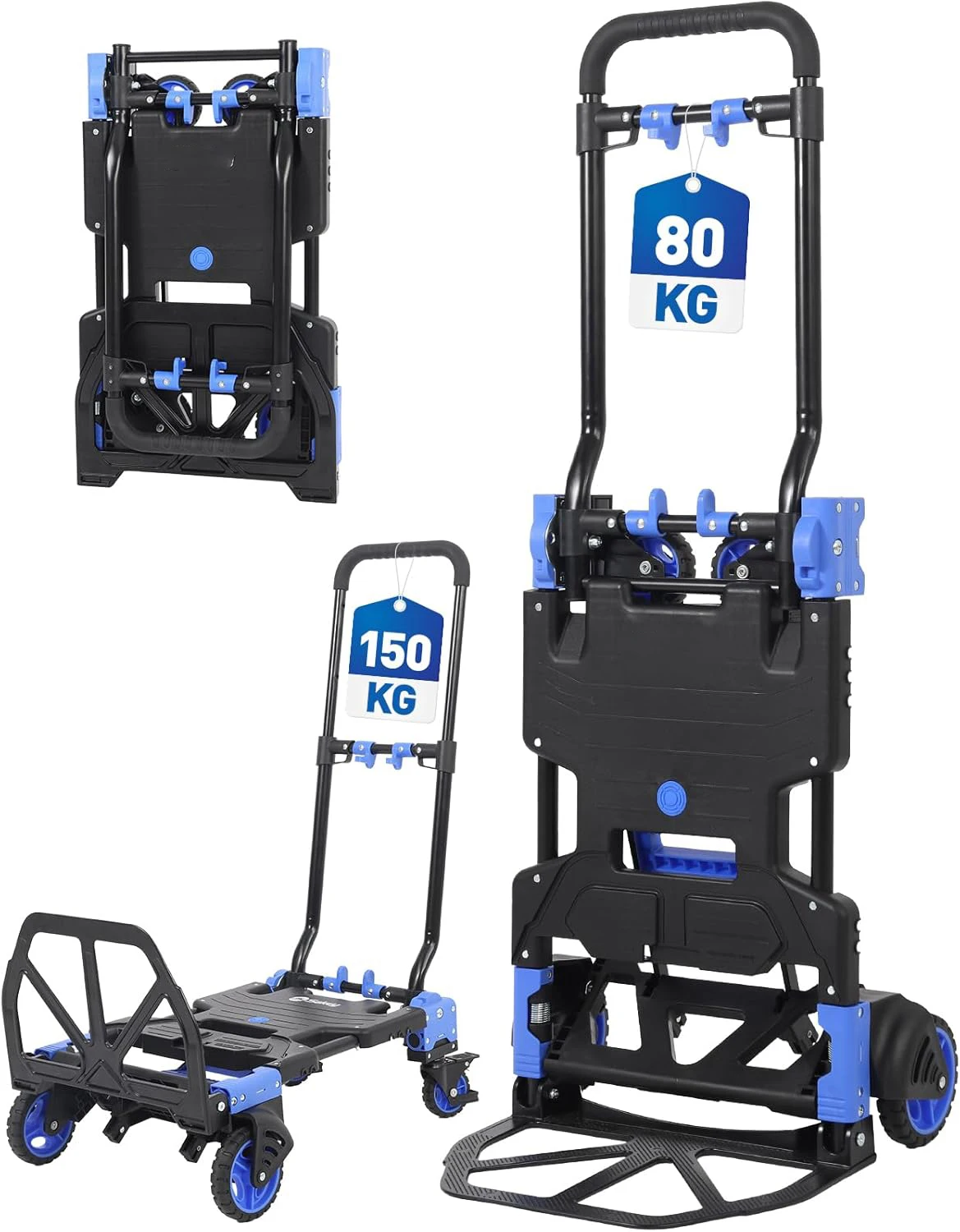 Carrello Pieghevole 2-in-1 e Carrello da Trasporto in Alluminio, Portata Fino a 150 Kg, con Ruote a Doppio Strato in TPR, Freno e Manico Ergonomico