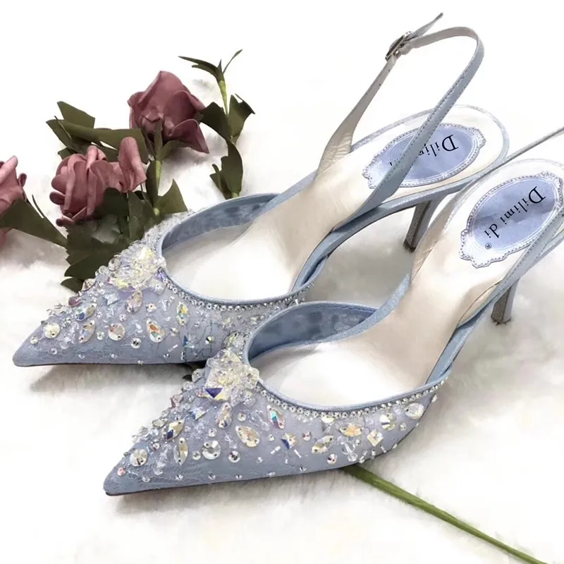 Spring and summer new pointed rhinestone beaded lace mesh shoes thin high-heeled banquet dress small size women\'s sandals