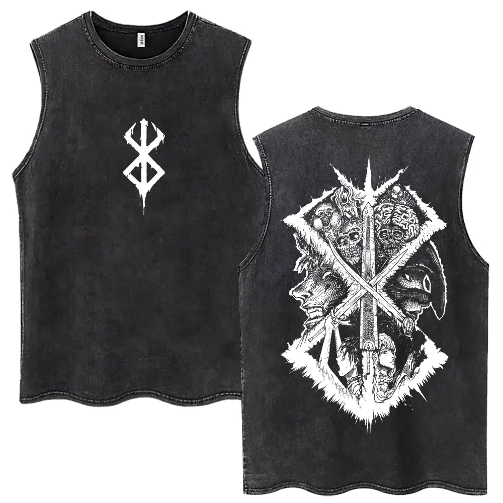 Washed Anime Berserk Guts Tank Tops Swordsman Gatsu Sacrifice Zodd Harajuku Vests Men Women Loose Cotton Y2k Sleeveless T Shirt