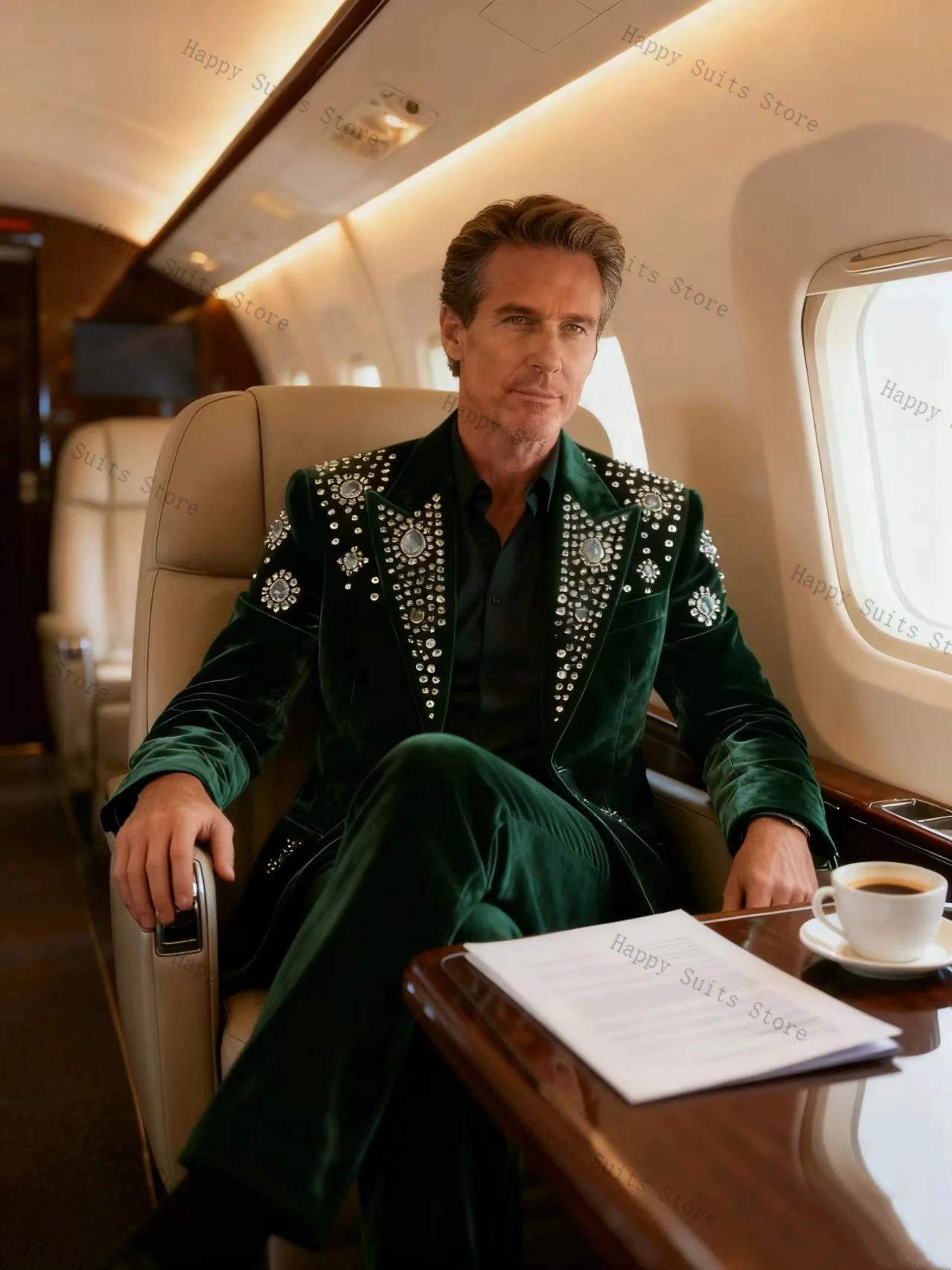 

Green Velvet Crystals Men Suit Set 2 Pcs Blazer+Pants Trousers Formal Office Coat Wedding Tuxedo Customized Jacket Outfit