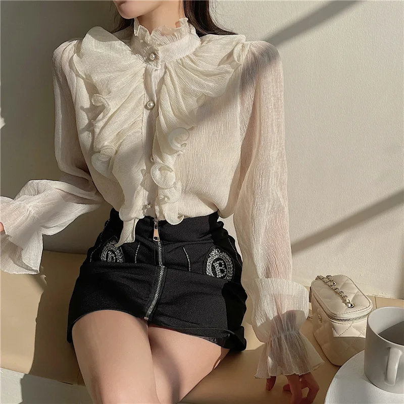 Casual Long Puff Sleeve Loose Tops Vintage Ruffle Lace Blouse Women Elegant Stand Collar Button White Chiffon Shirt Blusas 12946