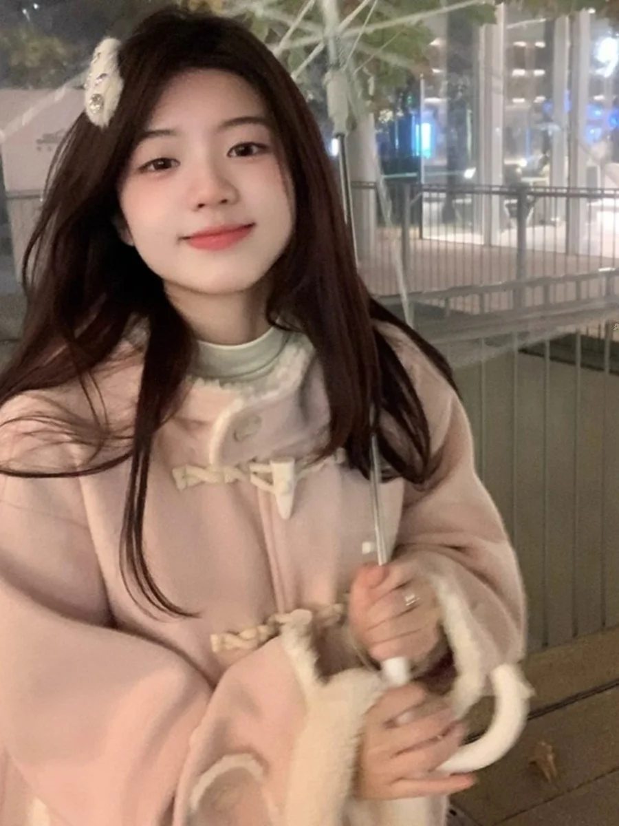 

Thiened Long Fem Sle Korean Sweet Sle Cosite Camel Woolen Coat Pink Woolen Coat with Detachable Hat Polyurethane ...