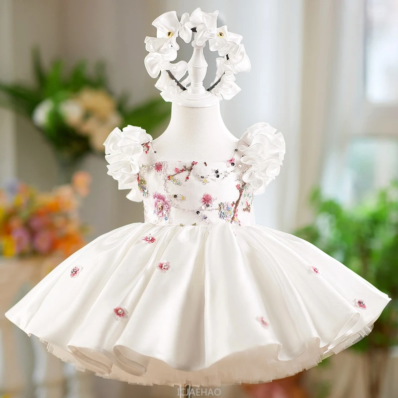 Wed Dress New White Satin Girls Princess Dresses Children Flutter Sleeve Tutu Gown Clothes Kids Birthday Party Outfits Vestido