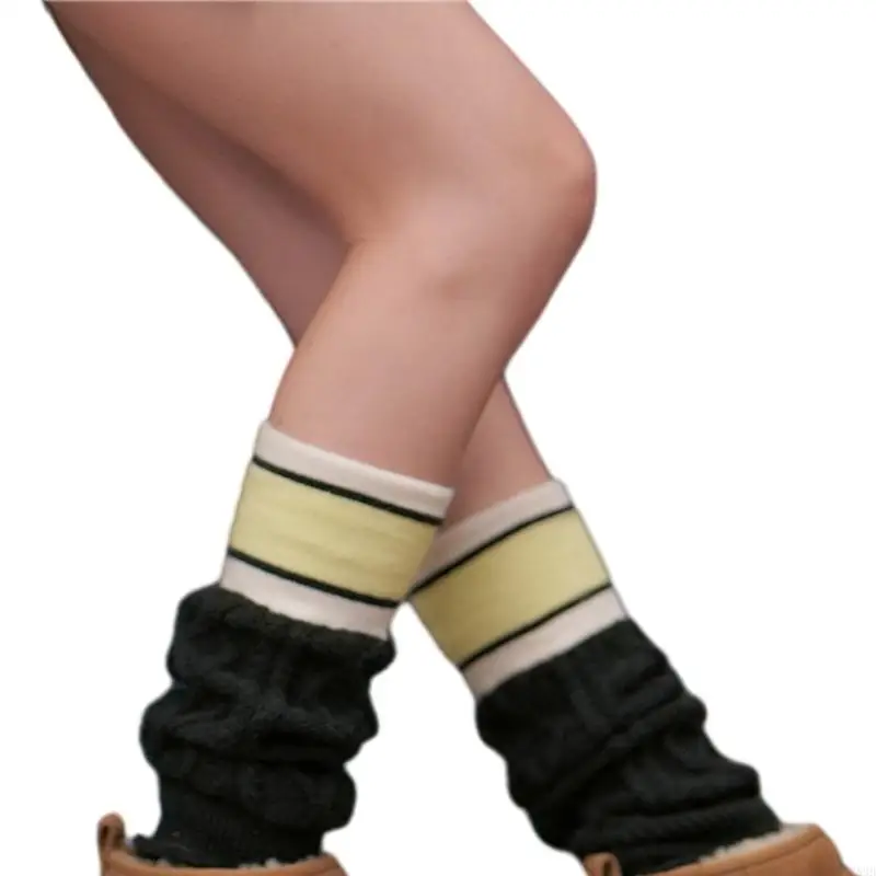 P88B – jambières d'hiver pour femmes, chaussettes botte neige à rayures, couleur bloc rayé, amples, bas d'étudiant,