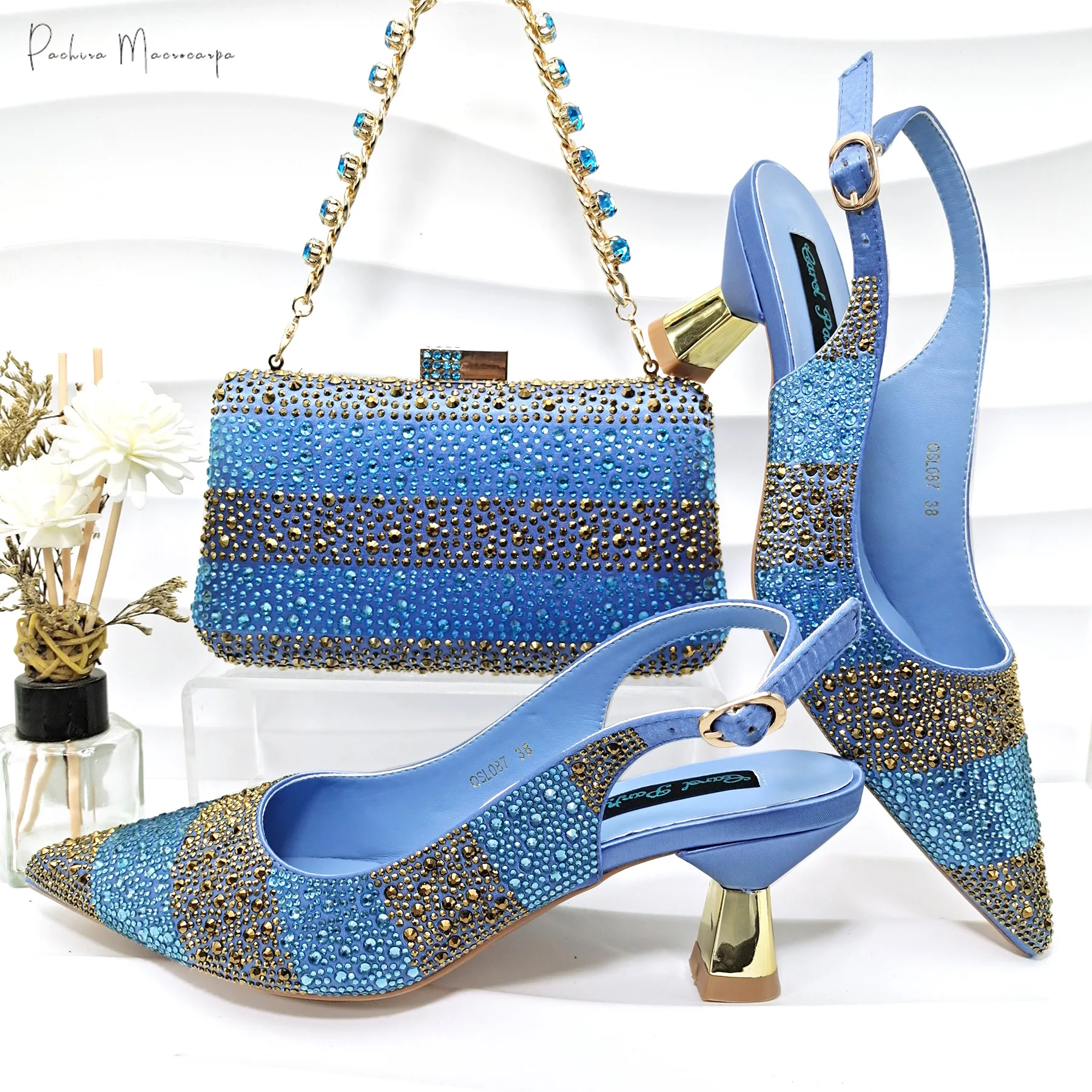 Newest Full of Colorful Rhinestone Decoration Design Mature Style Party Wedding Lady Shoes and Bag Set in Sky Blue Color