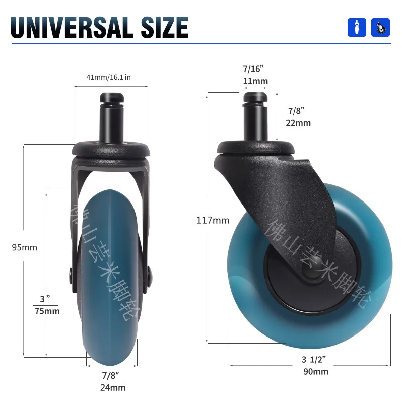 5Pcs 3 Inch Blue PU Office Chair Casters, Silent Universal Swivel Wheels for Gaming Chair & Computer