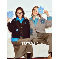 TOYOUTH Women Knitted Sweater 2024 Autumn Winter New Flower Pattern V Neck Single Breasted Button Woolen Cardigan Coat