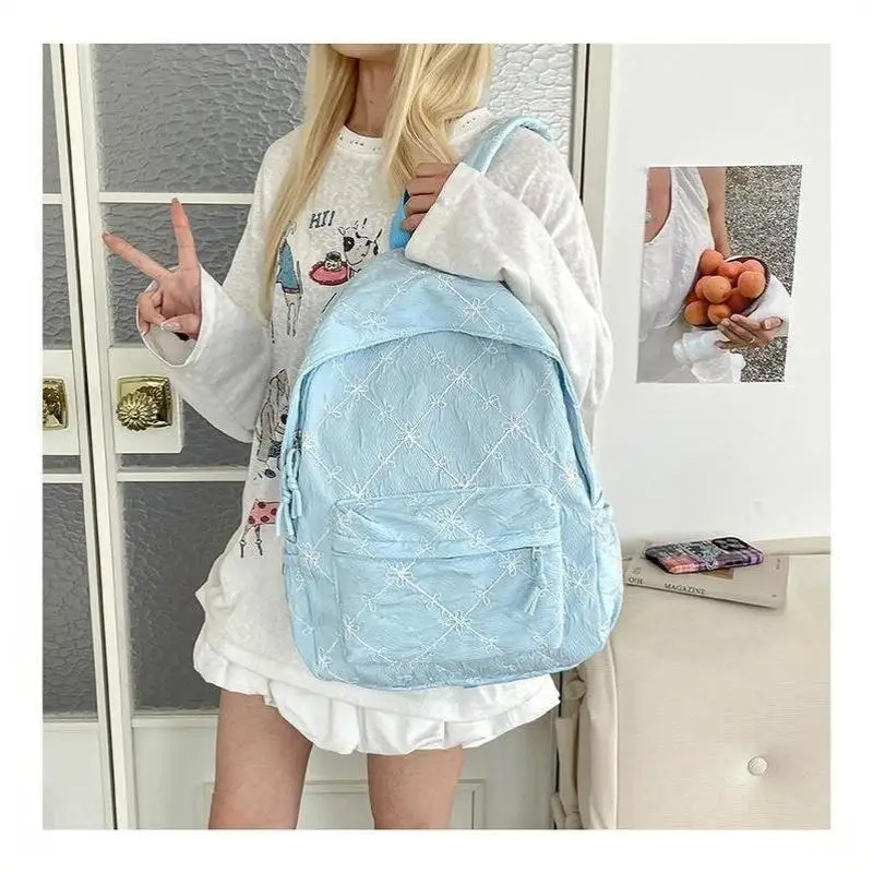 Nylon-Rucksack mit süßem Schleifenmuster, großes Fassungsvermögen, leicht, mehrere Taschen, Schultasche, lässiger Alltagsrucksack für Studenten und Pendler – Detail 15