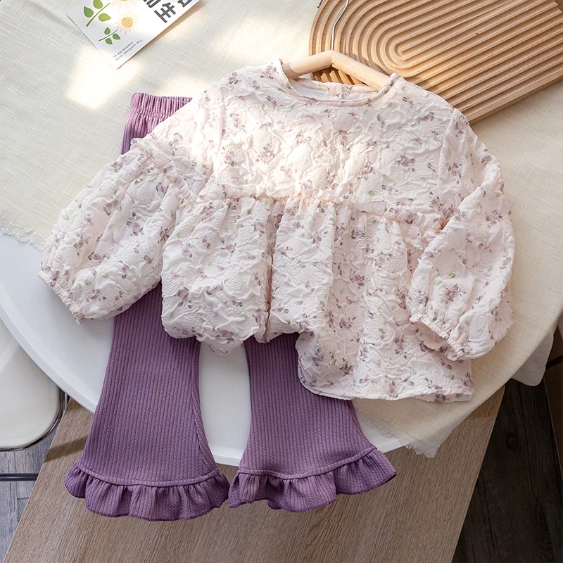 

2Pcs Childrens Clothes Suit 2024 Girls Korean Floral Shirt Solid Color Lace Flare Pants Spring Autumn Casual Personality Suit