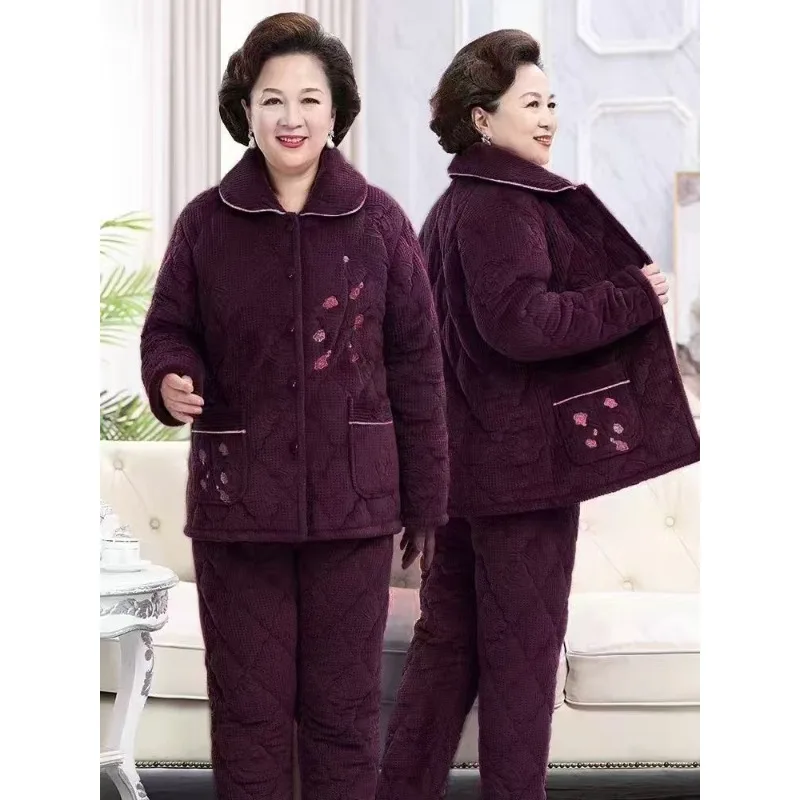 

Fleece and Thickened Pajamas Women Winter Flannel Home Wear Middle-aged and Elderly People Large-sized Warm Clothes for Mothers