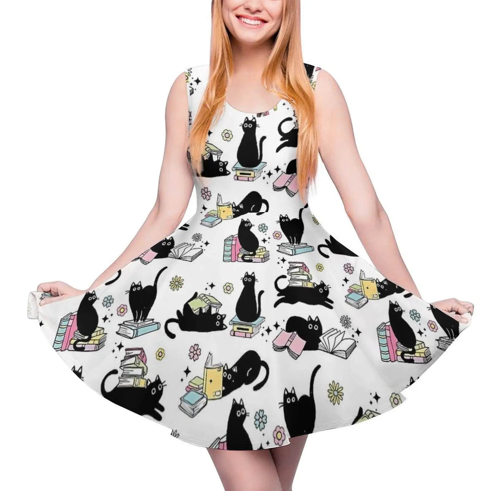 Library Cat Dress Black Cats and Books Pretty Dresses High Waist Street Wear Oversized Skate Dress Women Graphic Vestidos