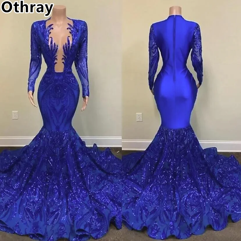 Othray Sparkling Royal Blue Prom Dresses Long Sleeves Sequins Decal Sexy Mermaid Formal Evening Gowns Girl Party Robe 2024