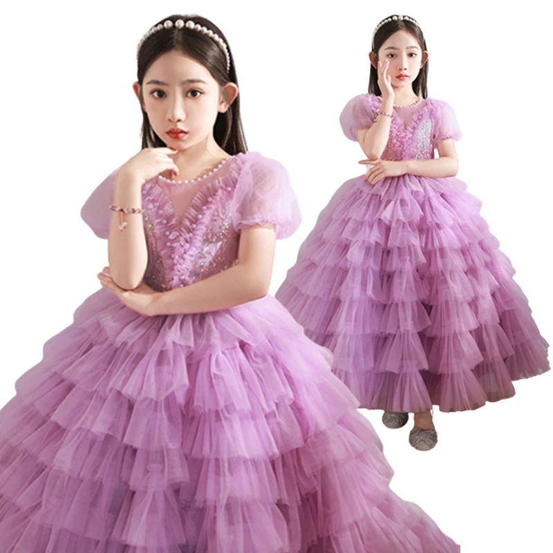 Luxury Flower Girl Graduation Performance Dress Girl Party Dress Wedding Short Sleeve Tulle Children's Christmas Ceremony Dress